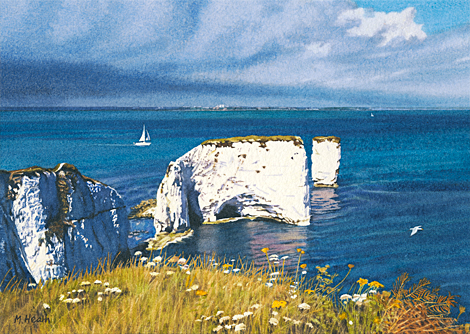 A painting of Old Harry Rocks at Handfast Point, Dorset with an approaching storm by Margaret Heath.